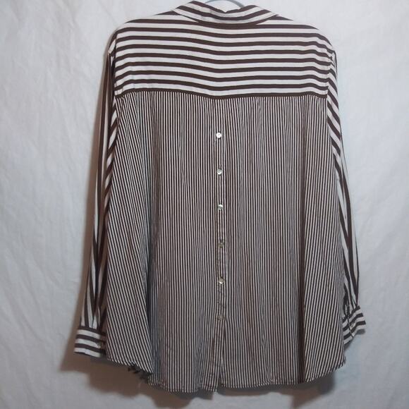 Jane and Delancey Brown and White Striped Boyfriend Button-Up Back Shirt Sz 2X - Picture 8 of 12